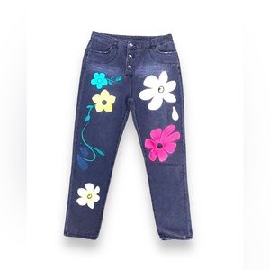 High Waisted Gray Hippie Boho Flower Floral Print Button Fly Denim Jeans